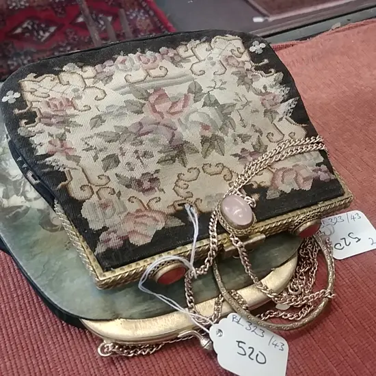 2 VINTAGE PURSES; SILK PICTURE LADIES + FLORAL