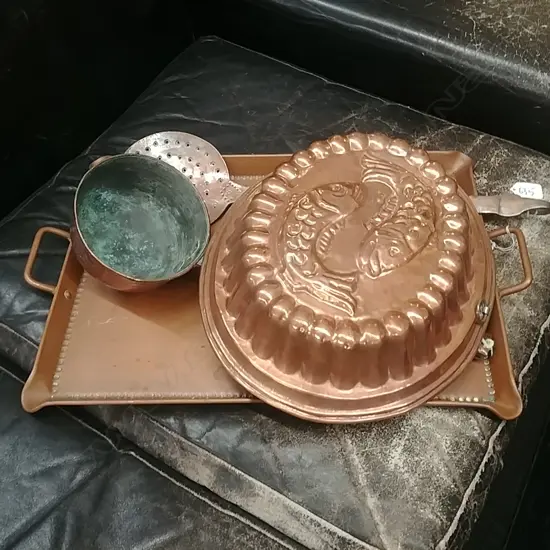 COPPER TRAY, JELLY MOULD, 3 LADLES