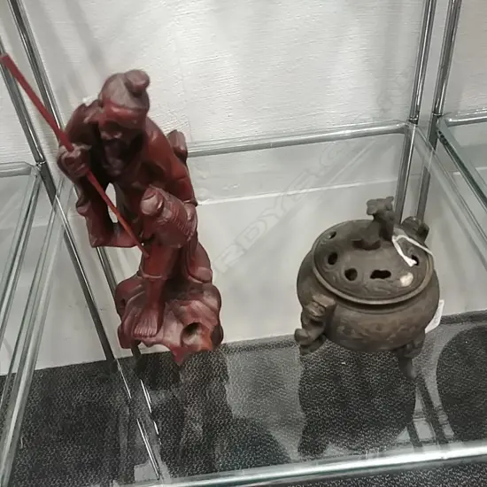 BRONZE CHINESE INCENSE BURNER & WOOD FIGURE
