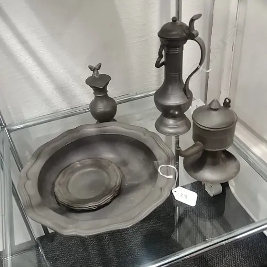 4 PEWTER DISHES & 3 OTHER PCS 