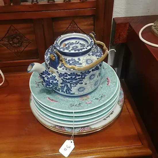 STACK OF CHINESE STYLE PLATES + TEAPOT 