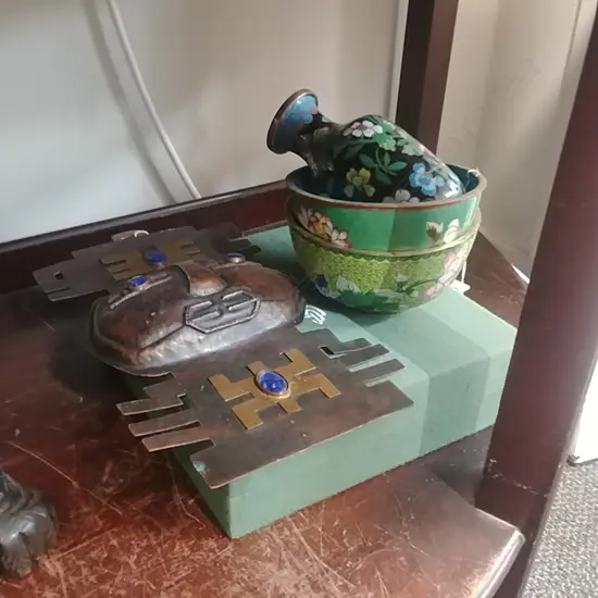 3 CLOISONNE ITEMS + SOAPSTONE DISH + OTHER 