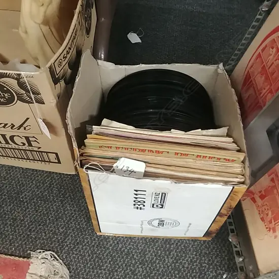 BOX OF RECORD & METAL FRAMED PICTURE