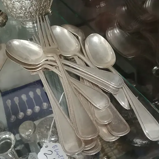 14 STG SILVER BEAD SPOONS+FORKS B 1863