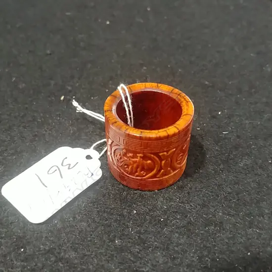 STAINED DEER BONE CHINESE ARCHERS RING DRAGONS