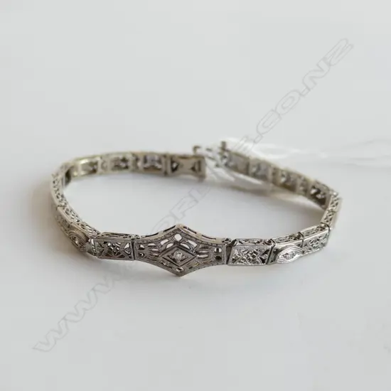 TESTING AS 14CT W.G.  & DIAMOND ART DECO BRACELET L.170mm