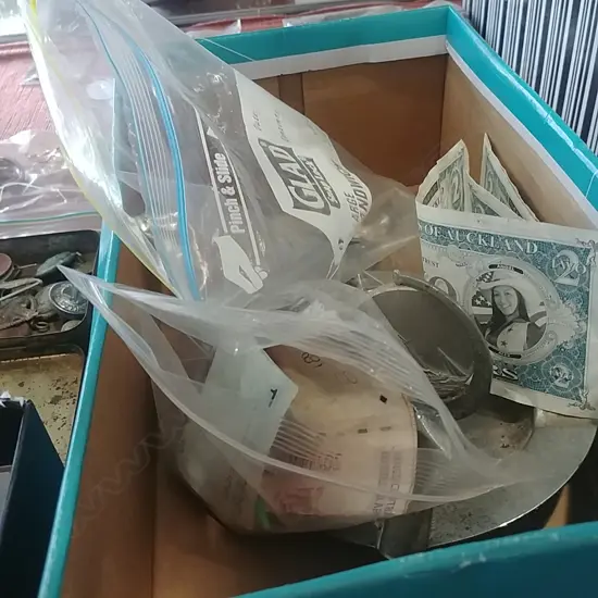 SML BOX OF BADGES, COIN ETC