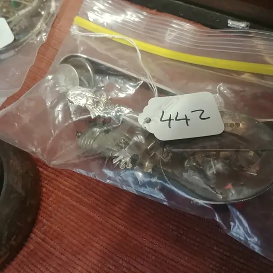 SILVER SPOON/TONGS/BROOCHES/BUTTONS ETC 