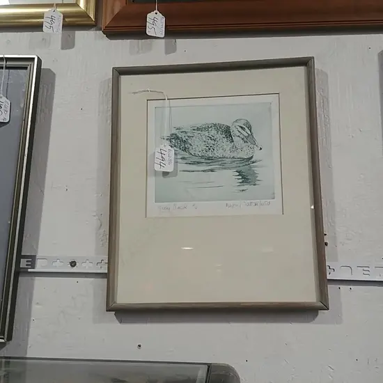 FRAMED ETCHING OF A GREY DUCK