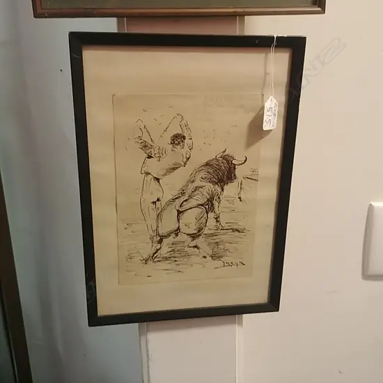 VINTAGE BULL FIGHTING INK SKETCH