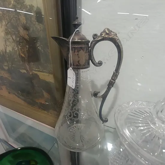 LATE 19THC S/PLATE CLARET JUG ENGRAVED. A.F