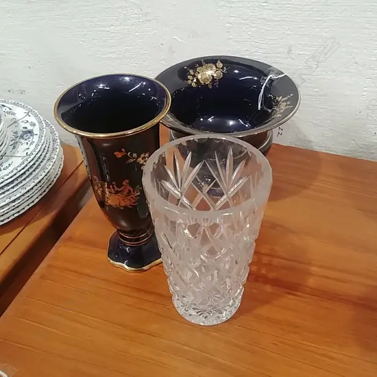 2 BLUE VASES & CRYSTAL VASE