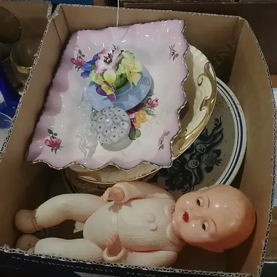 BOX LOT CHINA & DOLL