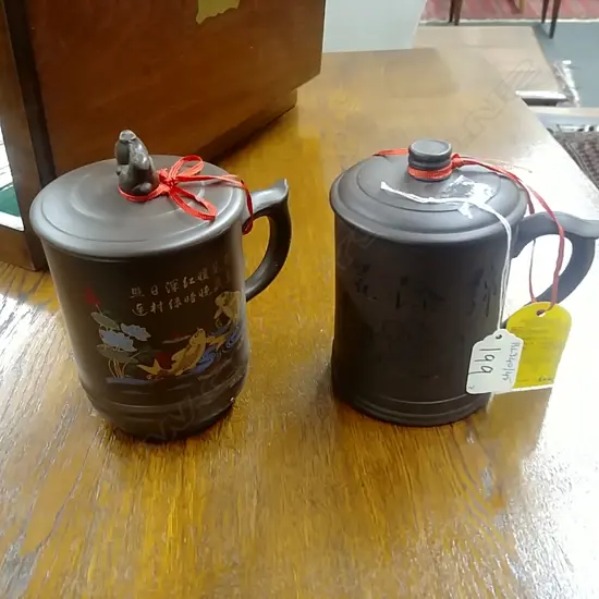 2 CHINESE TERRACOTTA LIDDED TEAMUGS