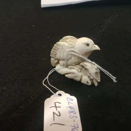 JAPANESE CARVED BONE NETSUKE EAGLE & CHICK