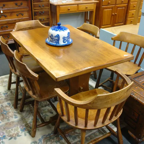 HEAVY BEECH DINING TABLE +6 SPOKE BACK CHAIRS