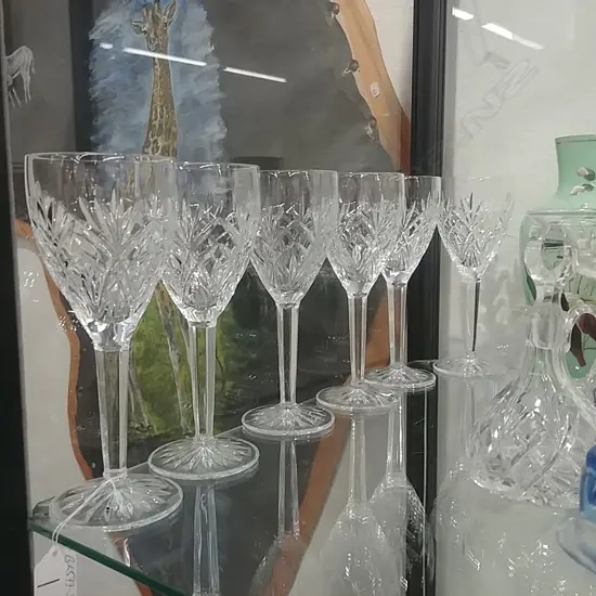 SET 6 WATERFORD CUT CRYSTAL WINE GLASSES FACET STEMS