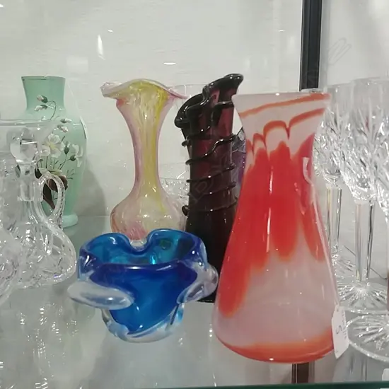 5 COLOURED GLASS VASES