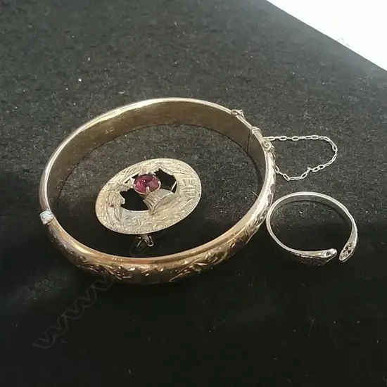 SILVER BANGLE, SCOTTISH BROOCH & SNAKE RING