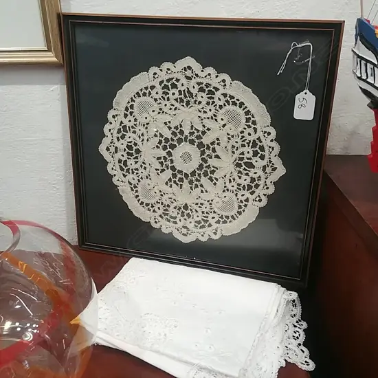 FRAMED FLEMISH LACE PC & 1 UNFRAMED PC