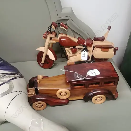 2 LG WOODEN MODELS; VINTAGE CAR & MOTORBIKE