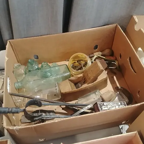 BOX LOT BOTTLES TOOLS ETC