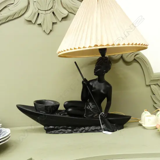 VINTAGE BLACK PLASTER LADY PADDLING CANOE LAMP