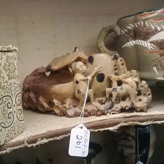 OLD CHINESE SOAPSTONE CARVING, BATS, MONKEY, DEER