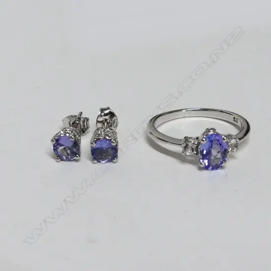 TANZANITE SILVER RHODIUM PLATED RING & EARRING SET