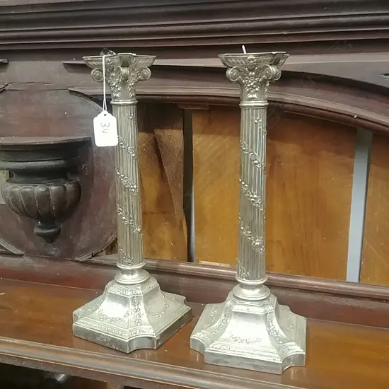 PR  SILVER PLATE CORINTHIAN COLUMN CANDLESTICKS