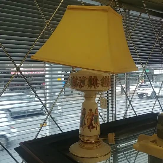 CHINA TABLE LAMP W/ GREEK FIGURE , SILK SHADE 