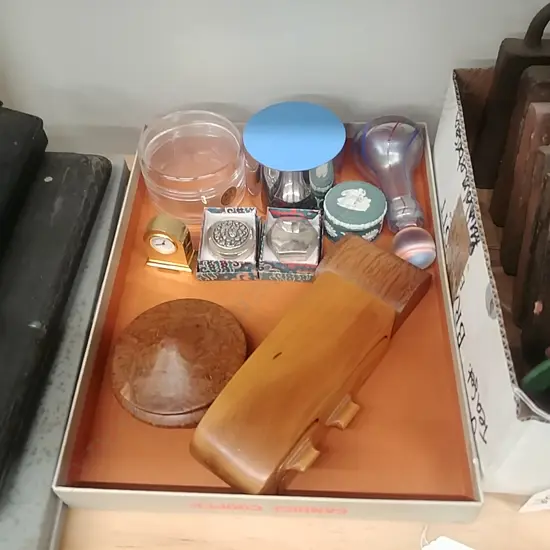 TRAY OF SMALL BOXES GLASS ETC