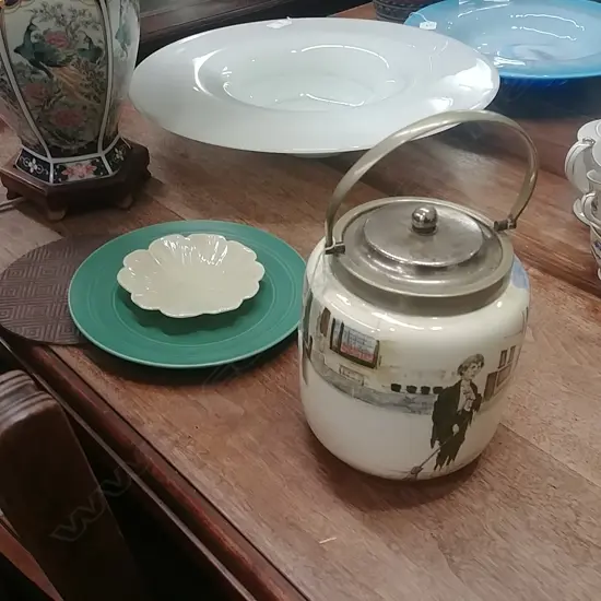 R/D COOKIE JAR + W/W PLATE + BELLEEK DISH
