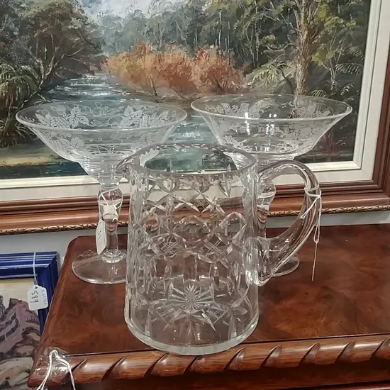 2 STUART CRYSTAL COMPORTS + CRYSTAL JUG