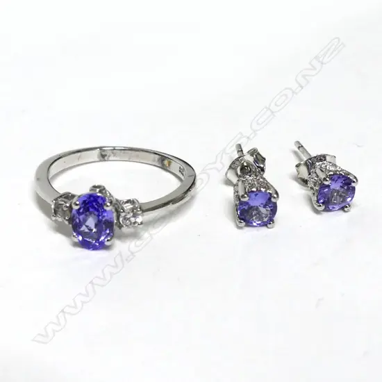 TANZANITE SILVER RHODIUM PLATED RING  SIZE M & EARRING SET