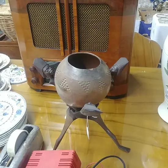 AFRICAN CARVED TRIPOD WOMEN W STAND POTTERY BOWL
