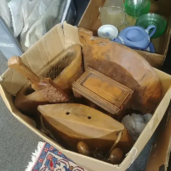 ASST WOODEN TRIBAL ITEMS + SHOE STRETCHERS