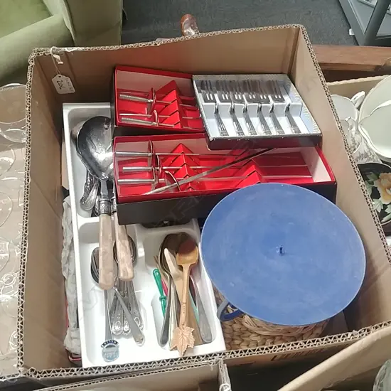BOX LOT CUTLERY MATS ETC