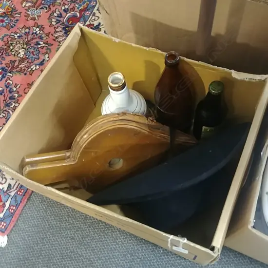 BOX LOT BELLOWS HAT BOTTLES