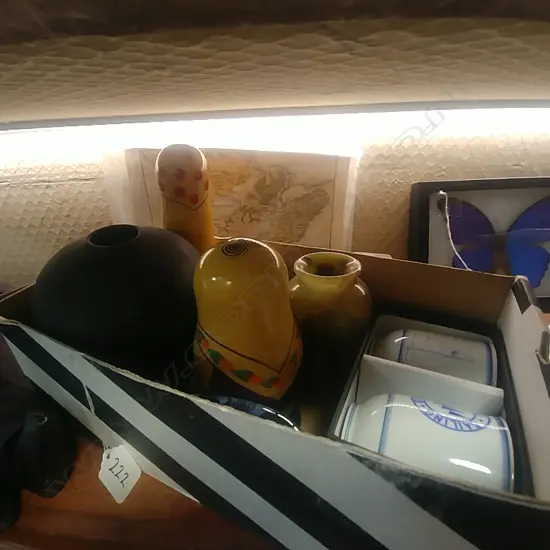 SMALL BOX ONYX VASES DOLLS ETC