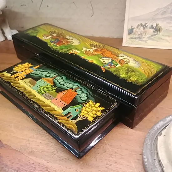 2 RUSSIAN HAND PAINTED TRINKET BOXES