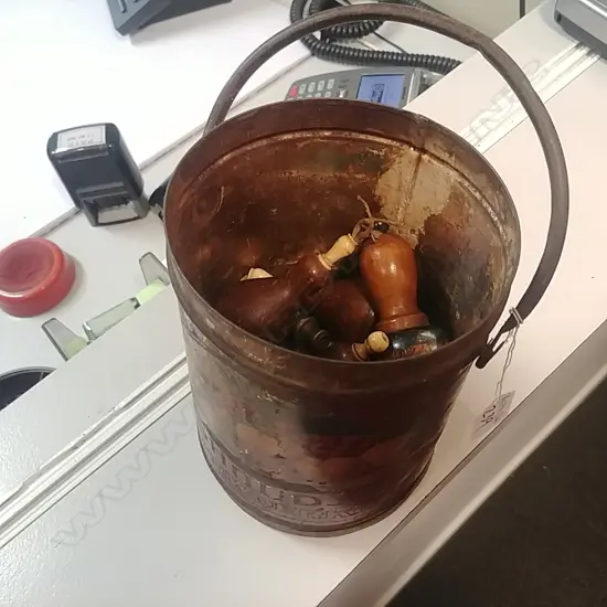 TIN WITH TURNED HANDLES ETC