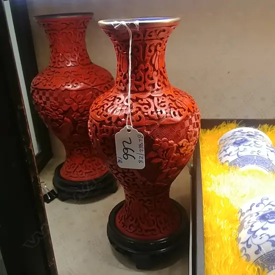 PR CHINESE RED LAQUER VASES ON STAND