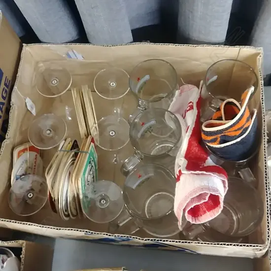 BOX OF BEER TANKER'S; C CHAMPAGNE GLASSES; COASTERS ETC