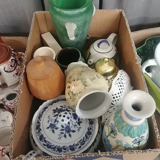 BOX LOT VASES ETC