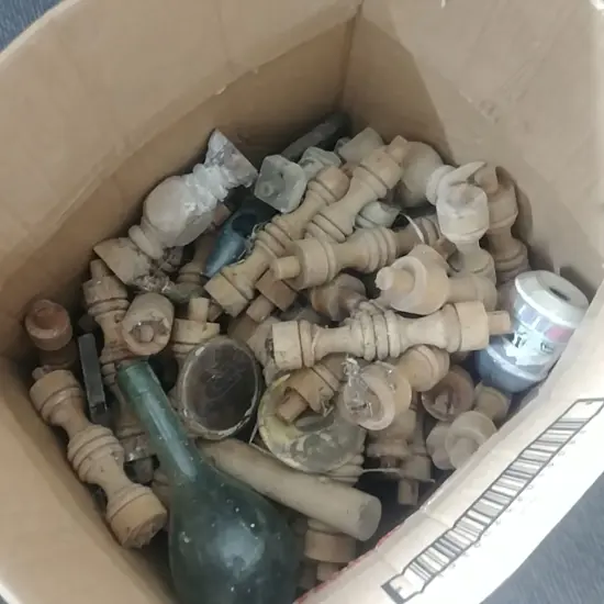 BOX OF WOODEN FURNITURE FITTINGS