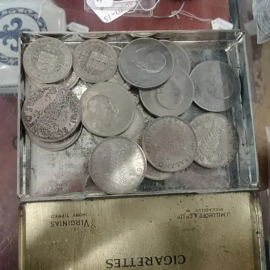 OLD CIG. TIN CHURCHILL,NZ CROWNS,FLORINS ETC (JP)