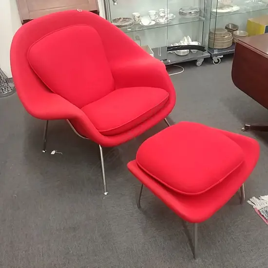 MODERNIST STYLE RED CASHMERE CHAIR & FOOTSTOOL