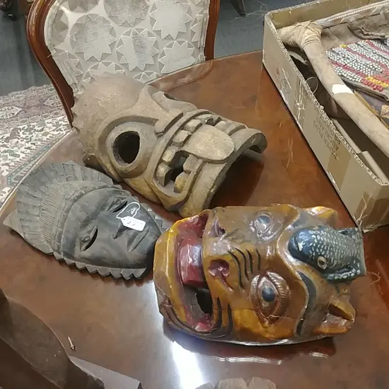 3 WOOD CARVED FACE MASKS
