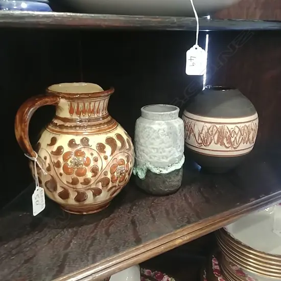 3 PIECES OF POTTERY - 2 VASES + JUG